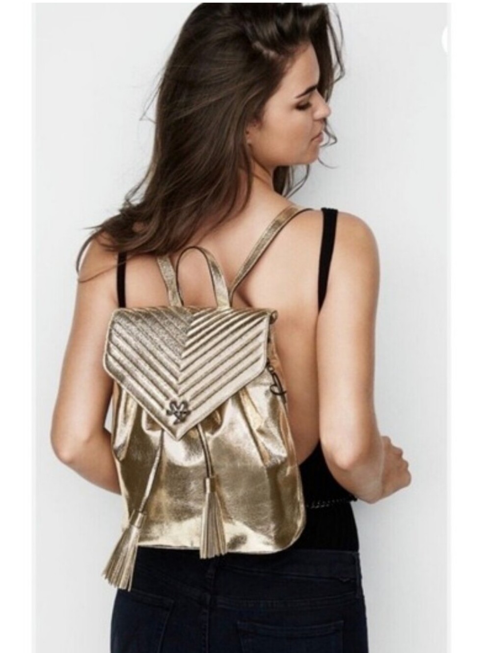 Victoria’s Secret Gold Metallic Crackle Backpack V Quilt Tassel Drawstring  NEW